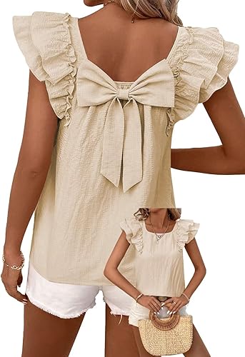 Women's Bow-Tie Back Top, Round Neck, Ruffled Short Sleeve Shirt, Cute Babydoll Chiffon T-Shirt, Women's Summer Fashion Waist-Tie Outerwear