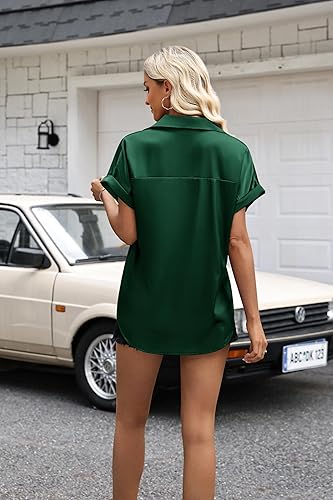 Women's Satin Short-Sleeve Silk Top Button-Up Shirt for Business Casual Wear