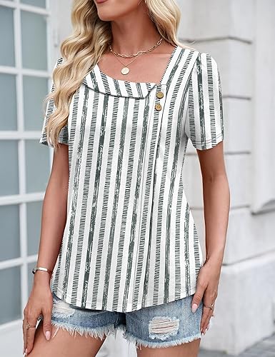 Women's Short-Sleeve Summer Shirt, Square Neck Button-Up Shirt, Formal/Casual, Asymmetrical Waist-Tightening Top