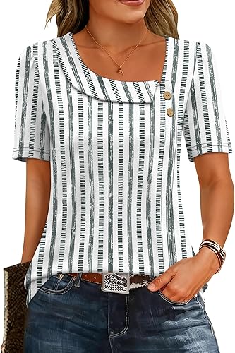 Women's Short-Sleeve Summer Shirt, Square Neck Button-Up Shirt, Formal/Casual, Asymmetrical Waist-Tightening Top